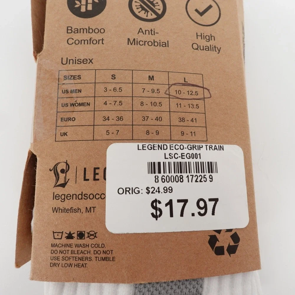 Legend Eco-Grip Train Bamboo Performance Grip Socks White Men 10-12.5 NEW